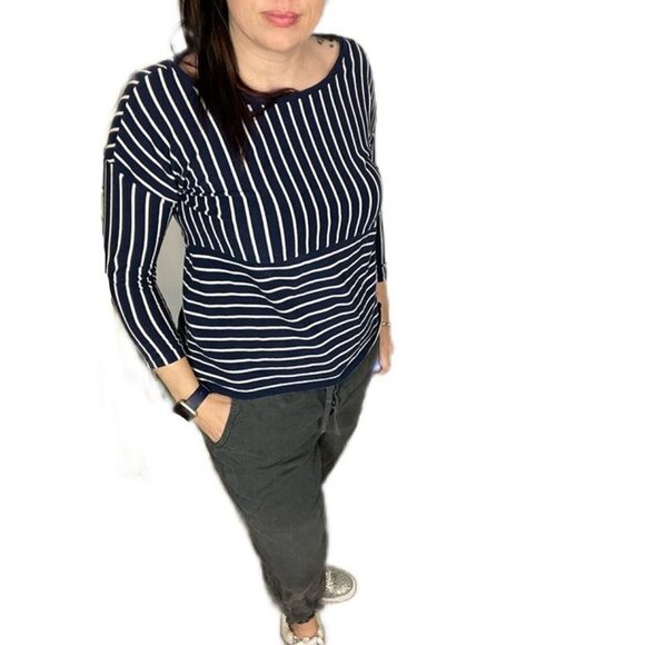 Maison Jules Navy White Striped Cotton Lightweight Sweater Sz L - Picture 2 of 10